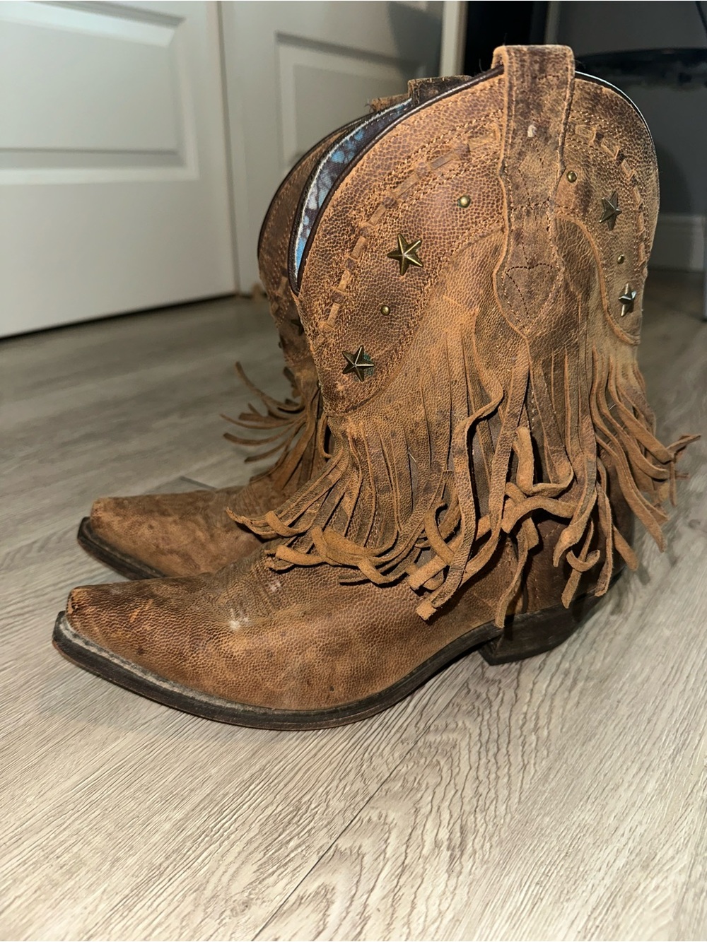 Dingo Lone Star Fringe Brown Leather Cowboy Boots Ankle Bootie Boots Size 9.5